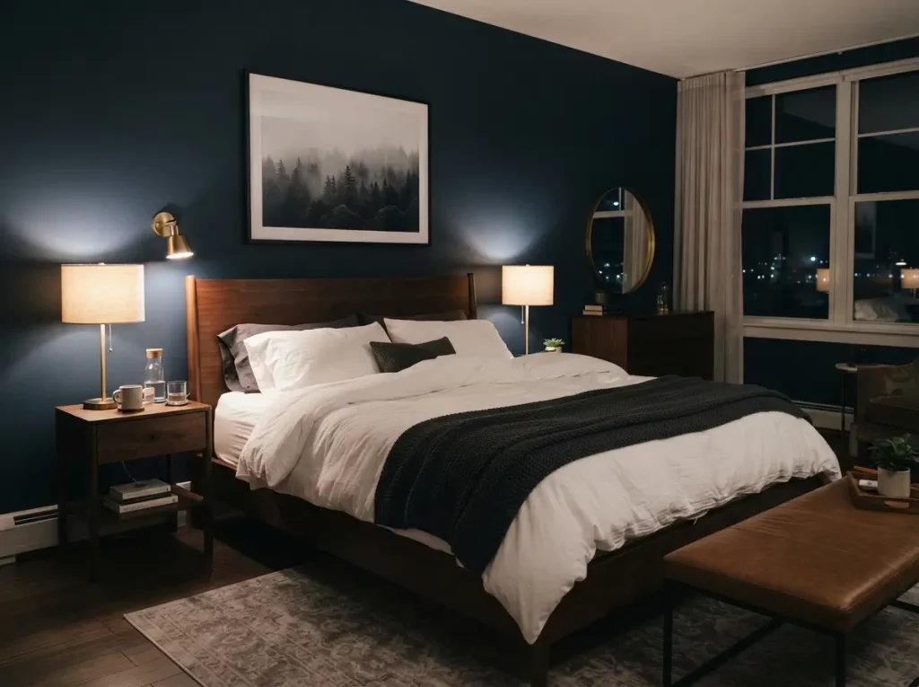 Moody bedroom with deep navy walls, warm lamps and white bedding at night
