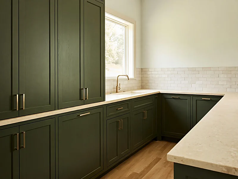 Deep olive green kitchen cabinets with cream countertops, brass handles, and warm natural lighting.
