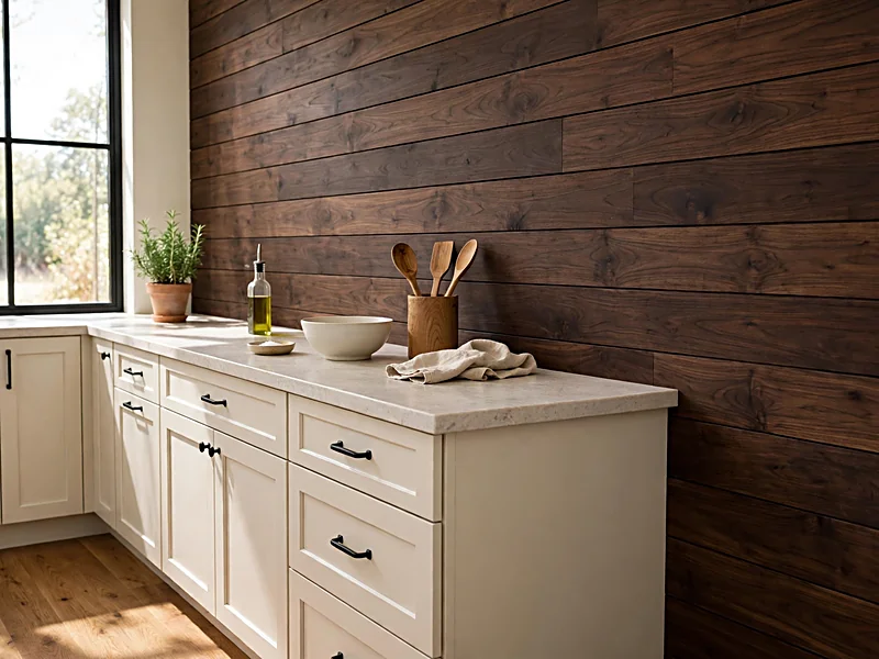 Dark walnut-stained shiplap backsplash with cream kitchen cabinets and pale stone countertops.