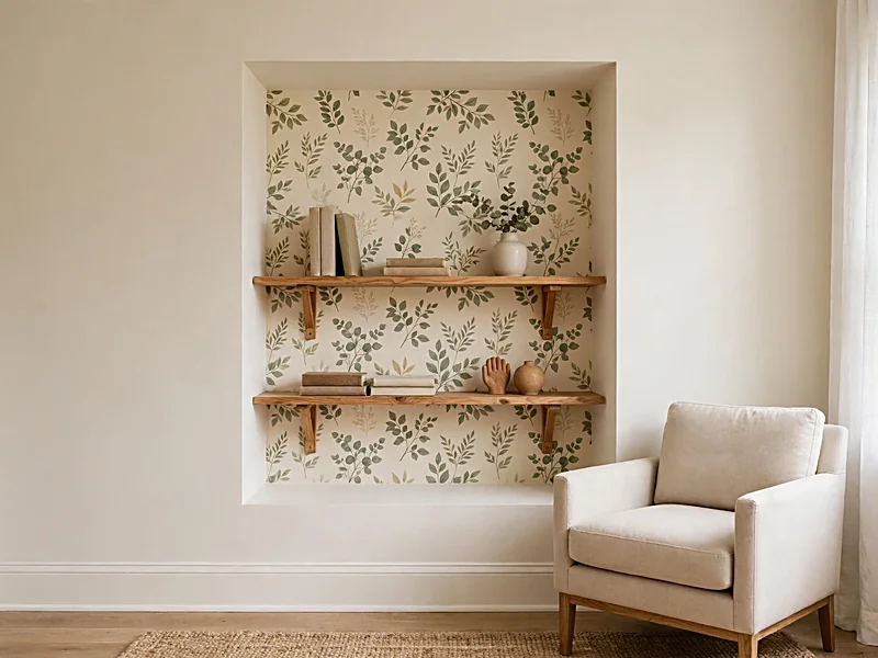 Recessed wall alcove decorated with subtle botanical wallpaper, wooden shelves, and ceramic accessories.