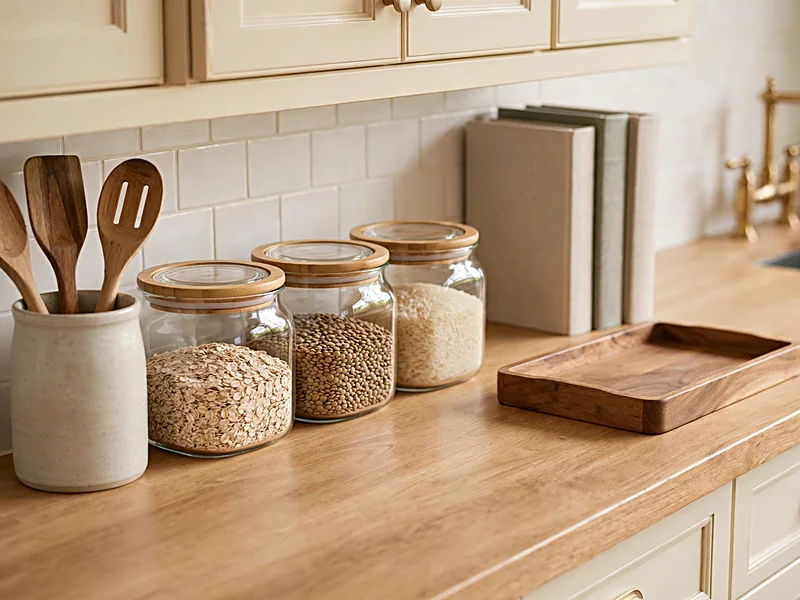 Kitchen counter with wooden utensils, sealed glass jars, a ceramic holder, and neatly arranged cookbooks.