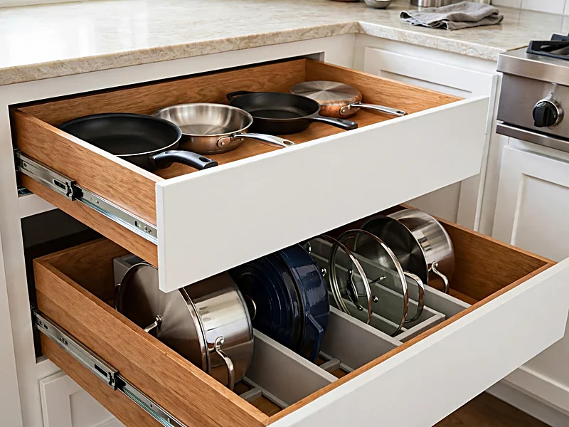 Deep kitchen base cabinet drawers holding stacked pans and upright pot lids in organized compartments.