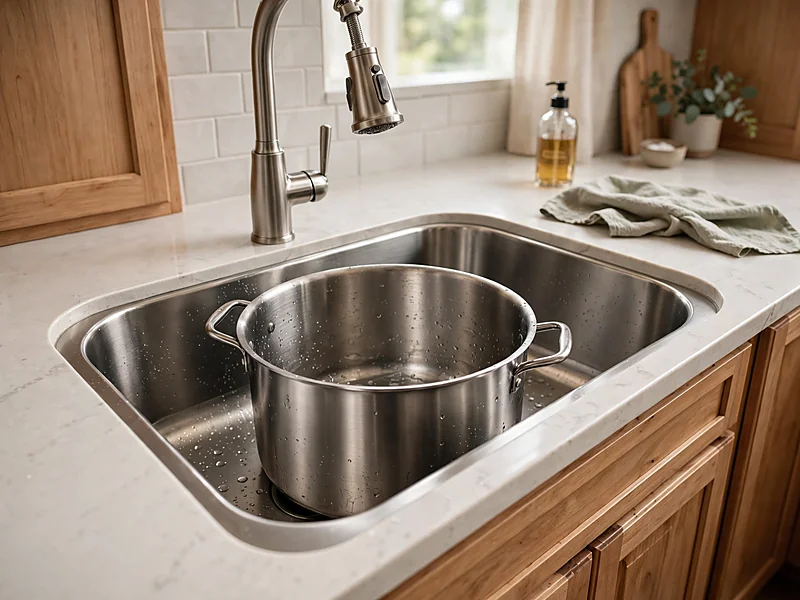 Deep stainless steel single-bowl kitchen sink holding a large stockpot beneath a pull-down faucet.