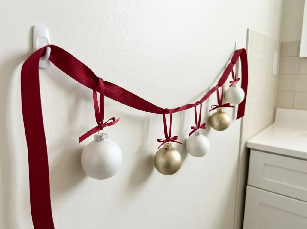 Handmade red Christmas ribbon garland with lightweight ornaments hanging on a dry bathroom wall.
