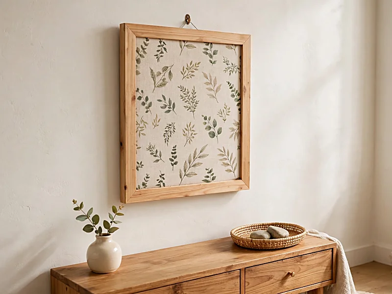 Handmade framed fabric wall art displayed above a wooden sideboard with a small ceramic vase.