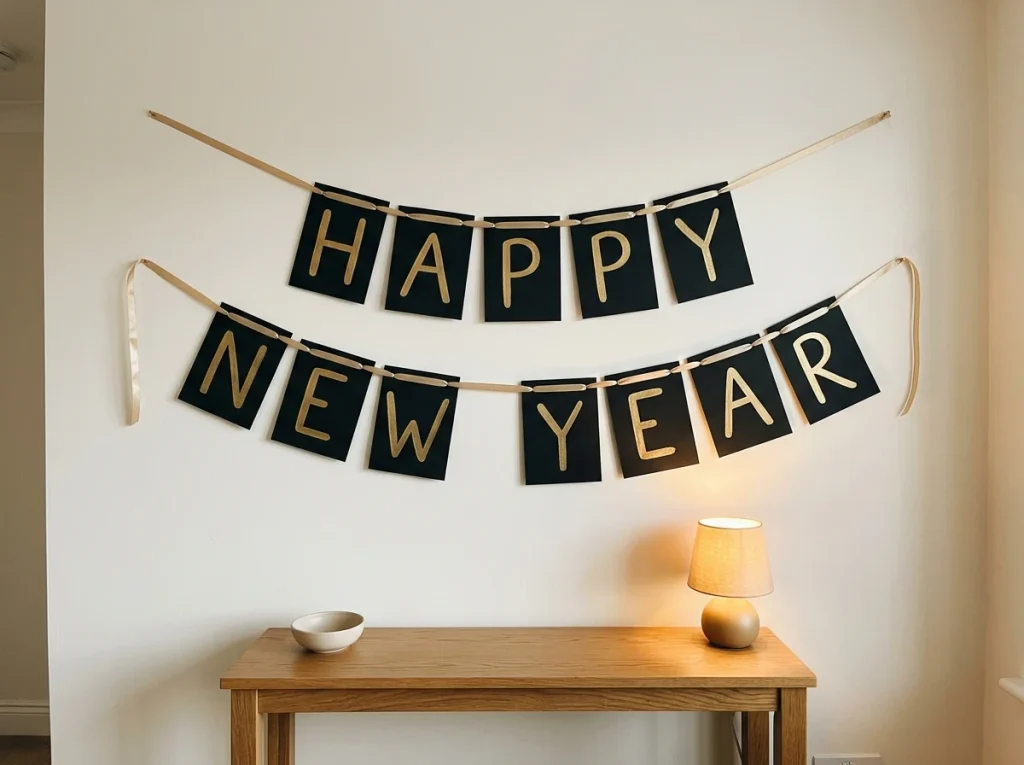 Handmade black cardstock Happy New Year banner with gold lettering and ribbon above a console table.