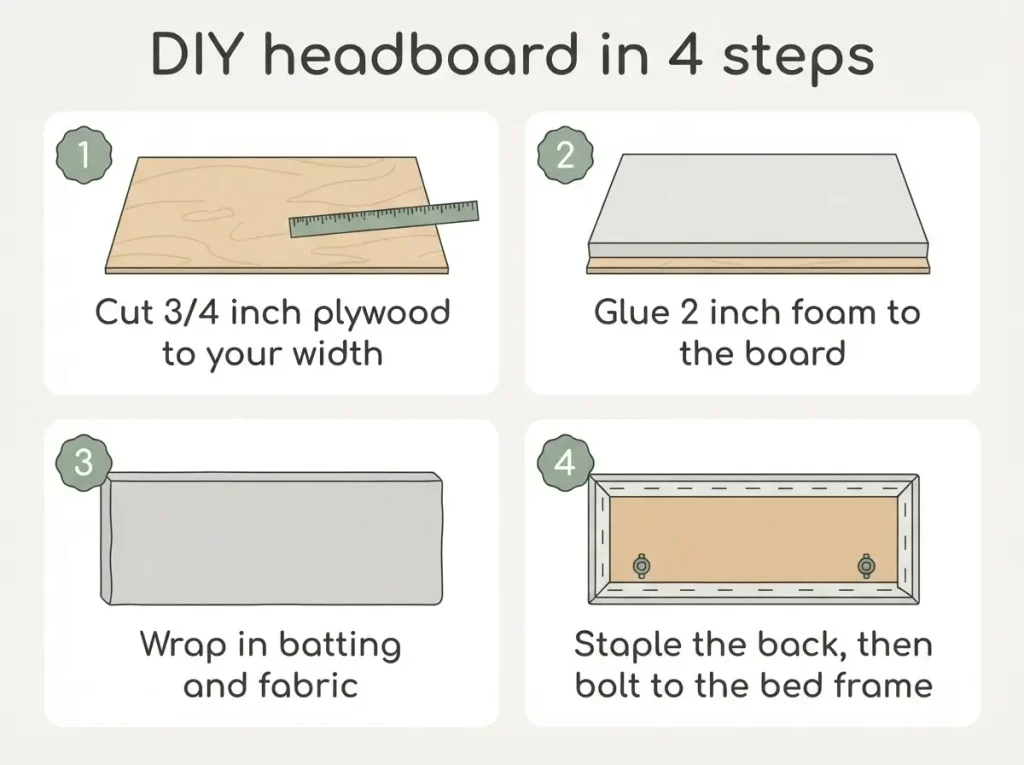 Four step diagram showing how to build a DIY headboard from plywood, foam, batting and fabric
