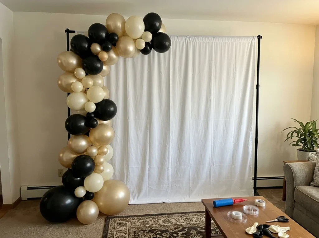 Black and champagne air-filled balloons attached to a decorating strip on a freestanding New Year's Eve backdrop.