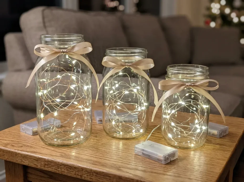 Three clean glass jars with warm battery-operated LED lights and champagne ribbon on a wooden table.