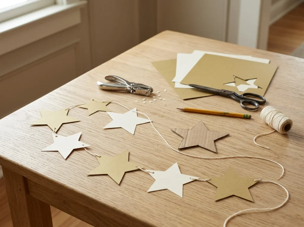 Handmade gold and cream cardstock star garland with scissors, string, and craft materials on a wooden table.