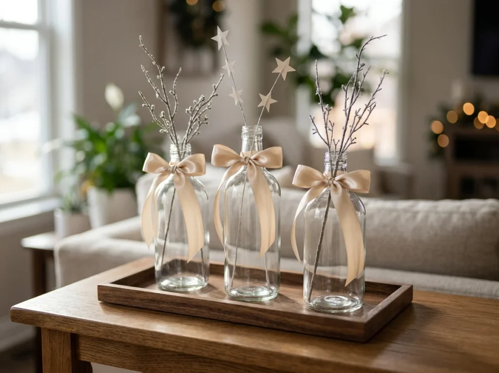 Three reused clear glass bottles decorated with champagne ribbon and artificial winter branches on a wooden tray.
