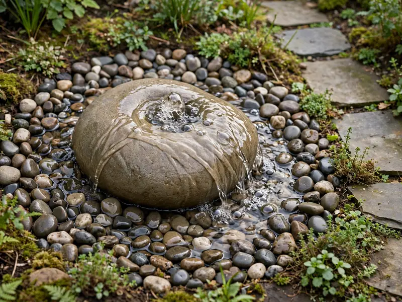 Small pebble fountain with water bubbling through a central stone into a concealed reservoir.