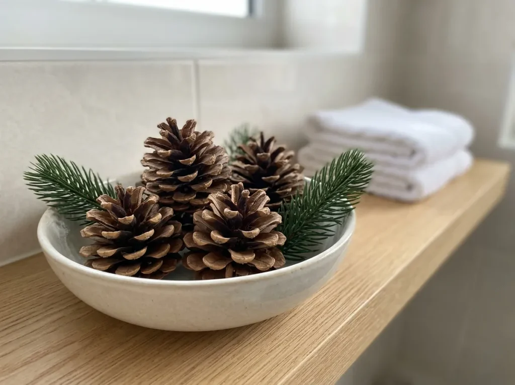 Natural pinecones and artificial evergreen sprigs arranged in a shallow ceramic bowl on a bathroom shelf.