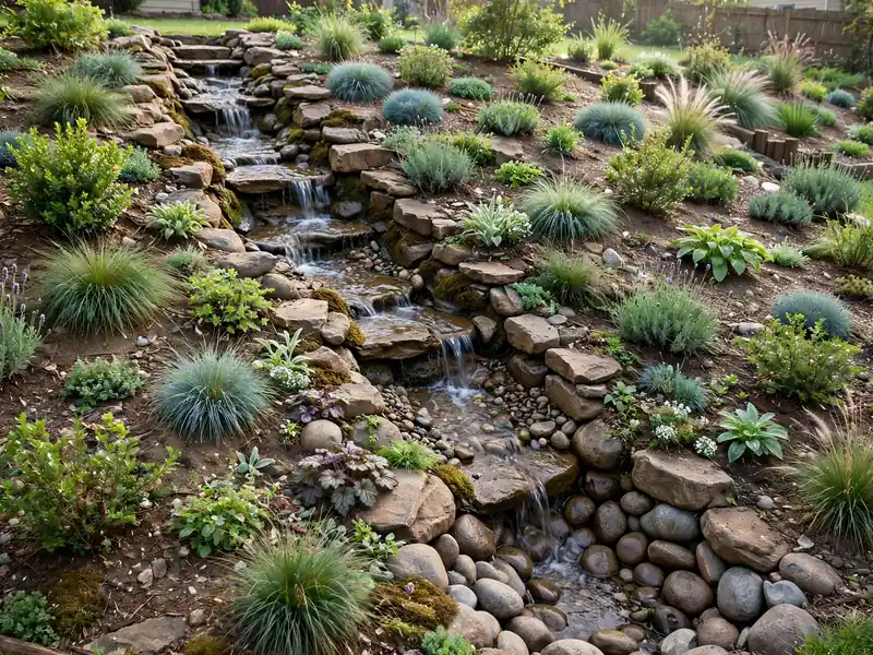 Short pondless garden stream flowing over natural stones into a hidden gravel reservoir.