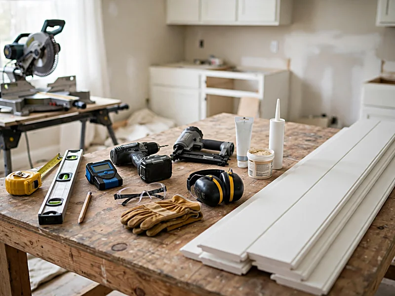DIY shiplap installation tools arranged on a kitchen workbench with wood boards, a level, tape measure, and safety glasses.