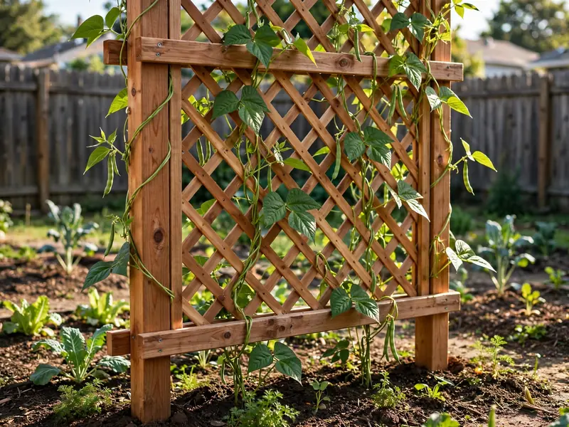 Freestanding wooden garden trellis supporting climbing green bean vines in a backyard planting bed.