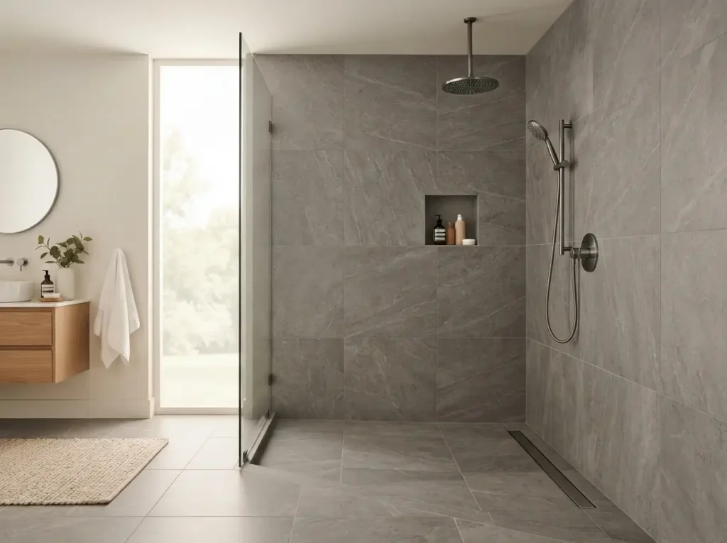 Doorless walk-in shower with one fixed glass panel and sloped tile floor
