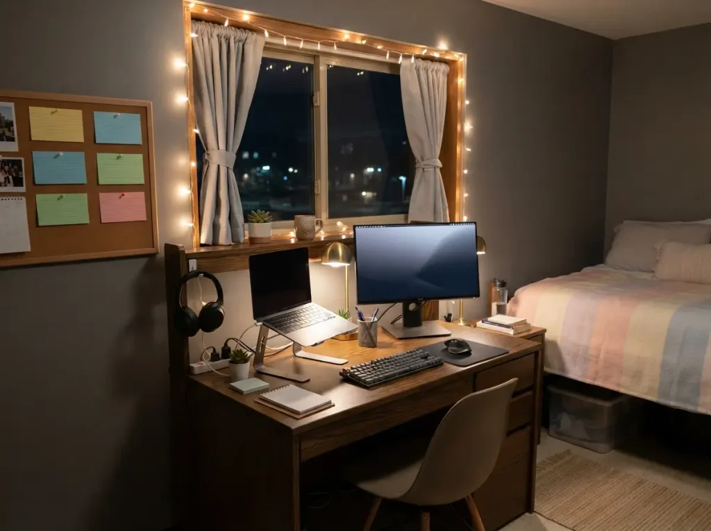 Compact dorm room gaming setup with a laptop stand, an external monitor and headphones
