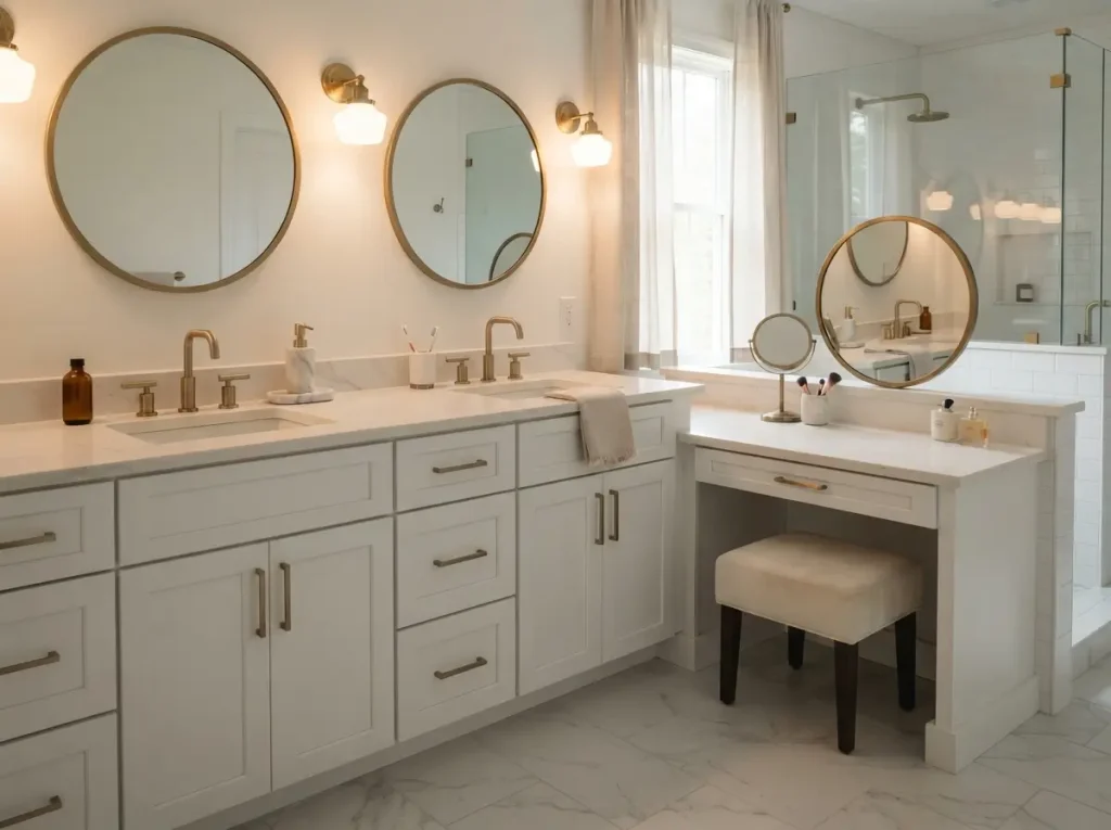 Primary bathroom 72 inch double vanity with a lowered seated makeup counter and padded stool
