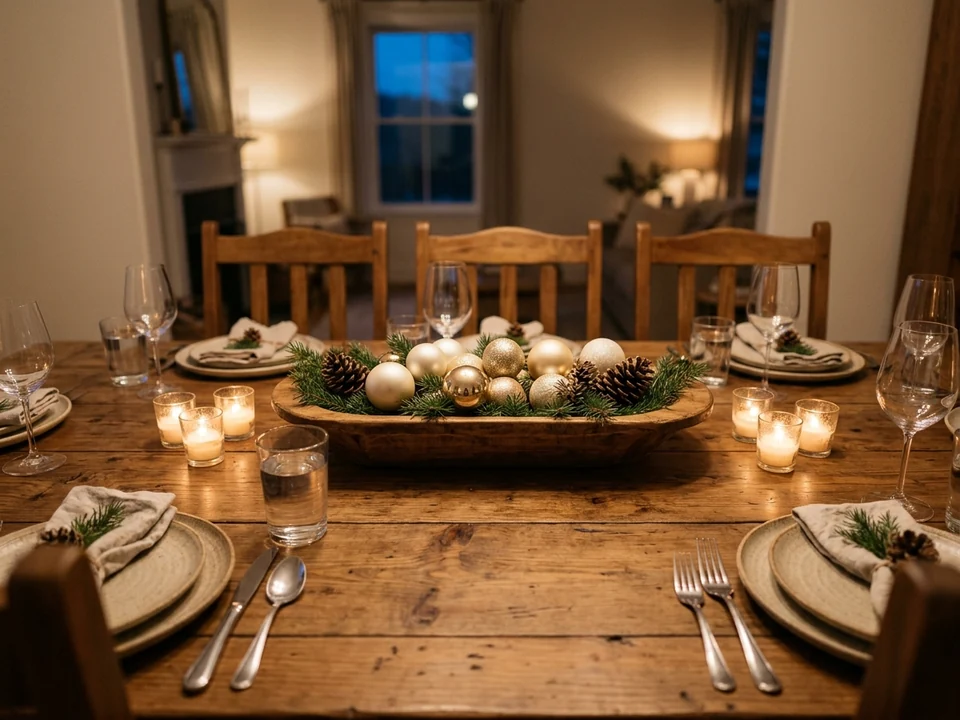 Low dough bowl centerpiece with greens, ornaments, and pinecones on a table