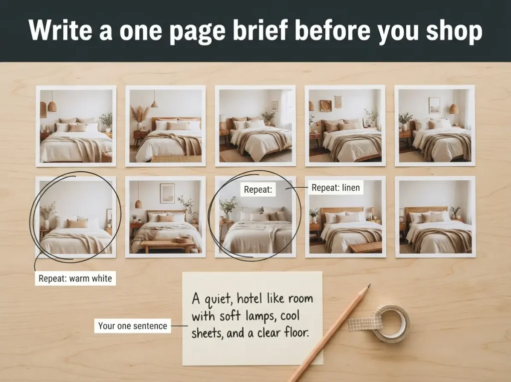 Mood board of ten bedroom photos with a note card showing a one sentence dream bedroom brief
