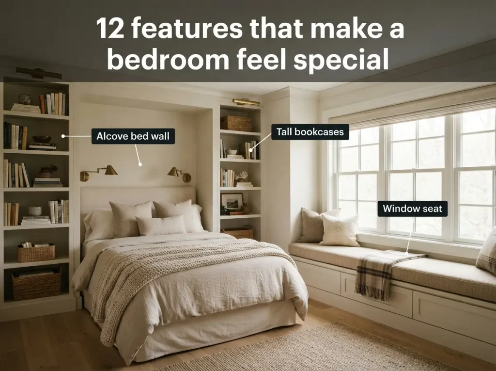 Dream bedroom with an alcove bed wall between tall bookcases and a cushioned window seat