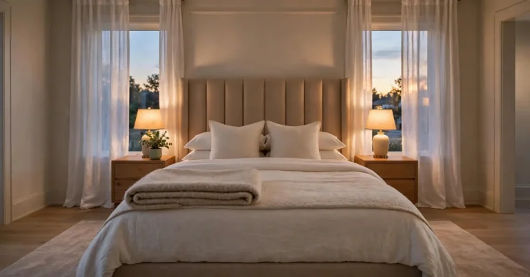 Dream bedroom with warm bedside lamps, layered white bedding, and soft evening light