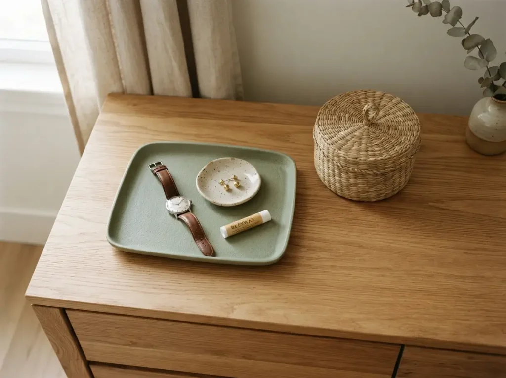 Top down view of a tray holding a watch and jewelry dish beside a closed lidded woven basket
