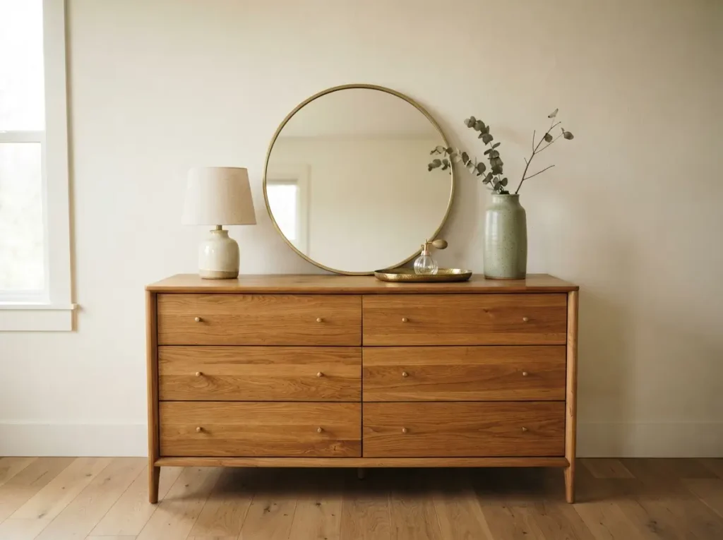 Oak dresser styled with a leaning round mirror, a ceramic lamp, a brass tray and a tall vase
