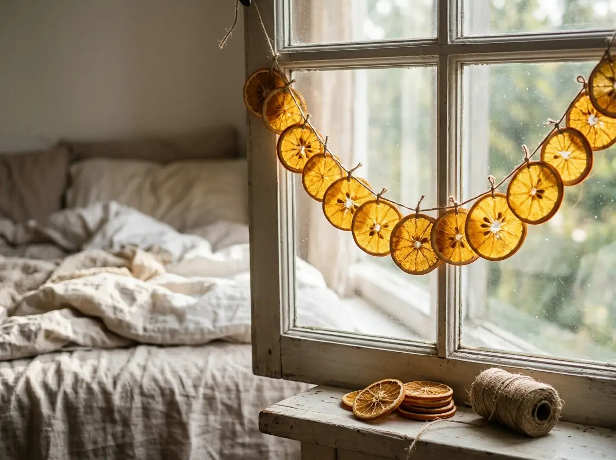 Dried orange slice garland on twine hanging across a bedroom window