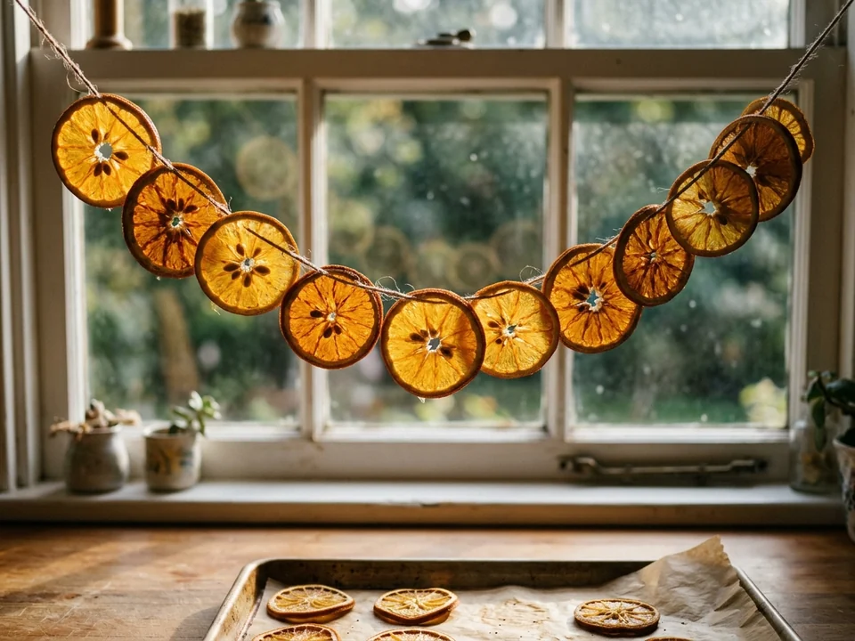Dried orange slice garland on twine hanging across a kitchen window
