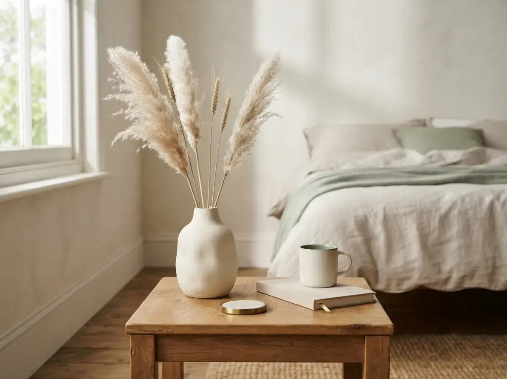Matte ceramic vase with five dried pampas and wheat stems on a wood nightstand in soft light
