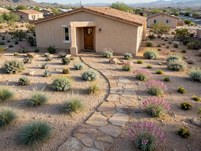 Southwestern front yard with light gravel, drought-tolerant shrubs, ornamental grasses, and a practical stone path.