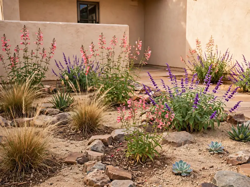 Southwestern drought-tolerant garden with flowering penstemon, salvia, ornamental grasses, gravel, and natural stone.