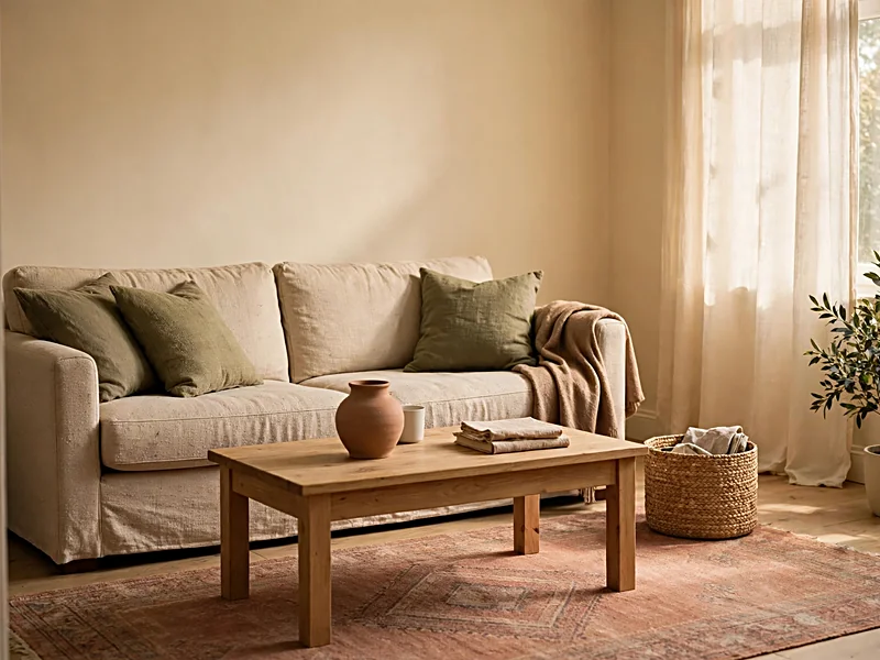 Earthy apartment living room with terracotta textiles, olive green pillows, light wood furniture, and ceramic accessories.