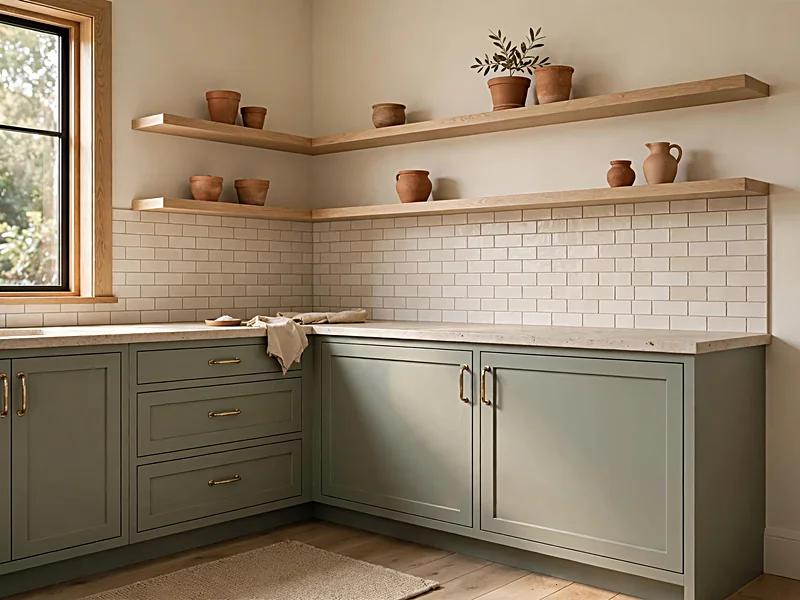 Sage green kitchen cabinets with cream walls, oak countertops, and terracotta accessories.
