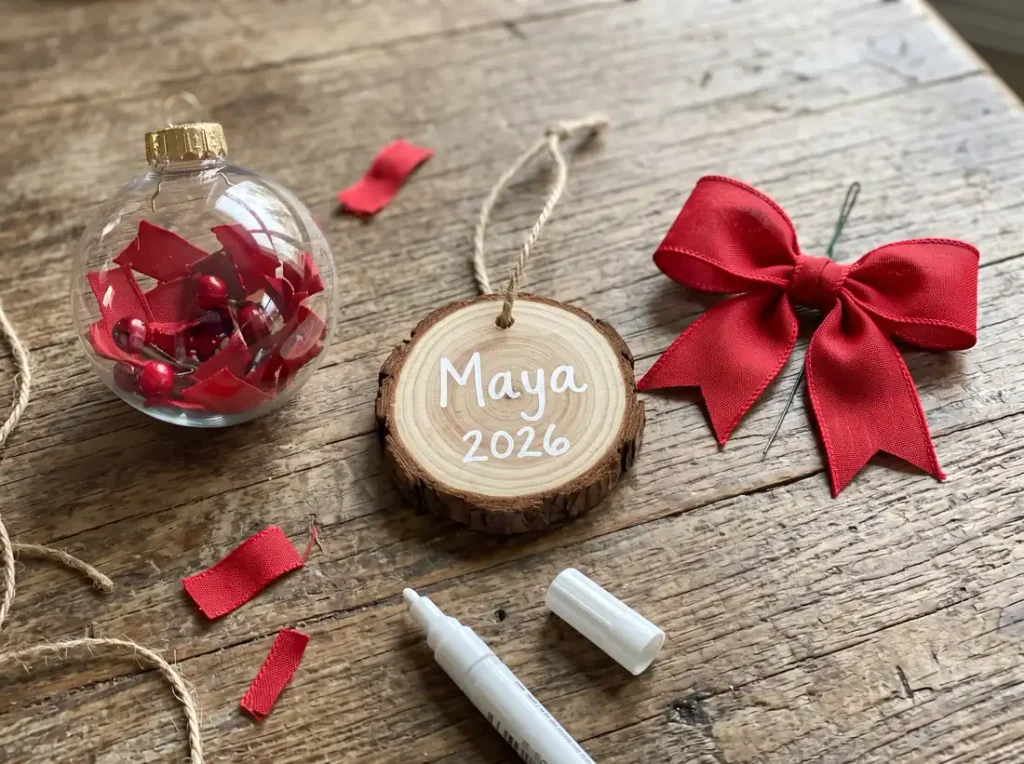 Three handmade Christmas ornaments: a filled clear ball, a wood slice name tag, and a ribbon bow