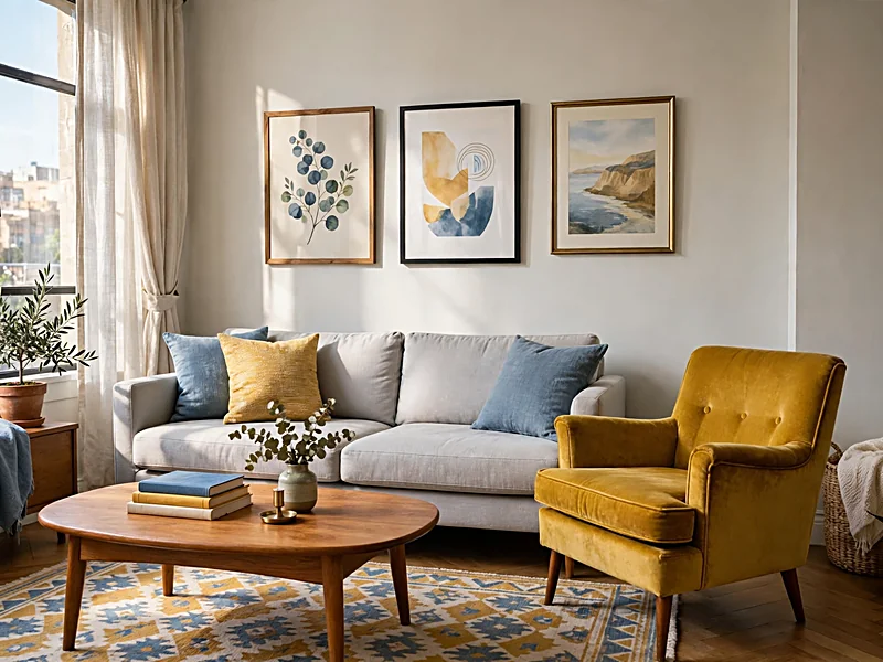 Eclectic apartment living room with a modern sofa, vintage chair, colorful artwork, and coordinated accent pillows.