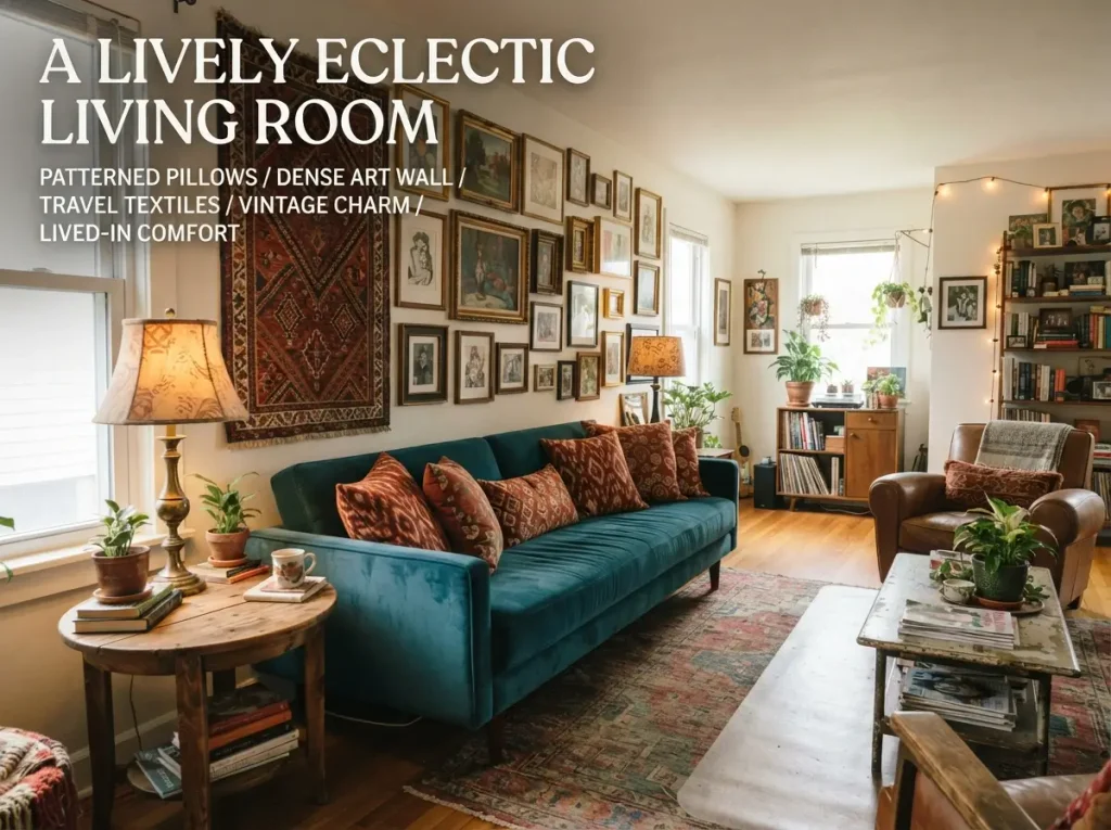 Eclectic living room mixing a vintage lamp, modern sofa, layered art, and one repeated color

