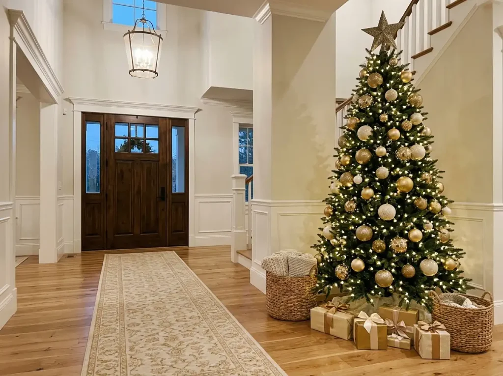 Entryway tree with oversized ornaments and a bold topper, with baskets of blankets at the base and a clear path