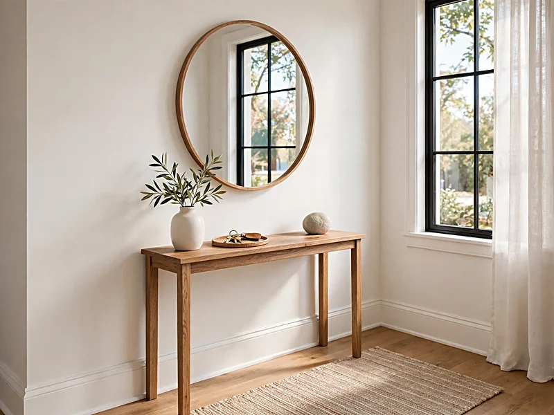 Entryway with a large round mirror reflecting natural window light above a slim wooden console table.