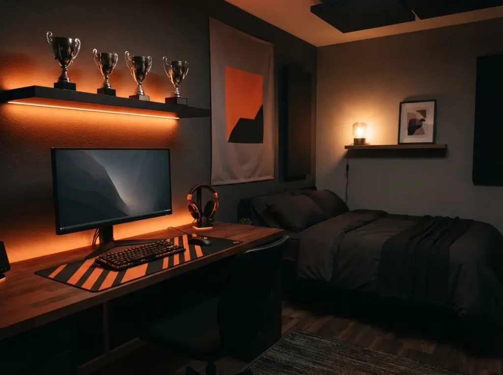 Esports team style gaming bedroom with team colors on the desk mat, lights and a banner

