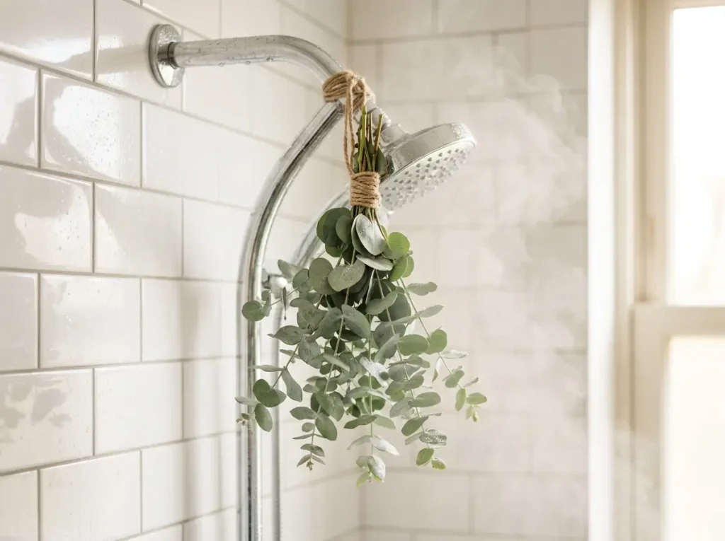 Fresh eucalyptus bunch tied to a chrome shower arm
