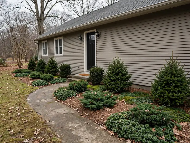 Front yard planting beds with compact evergreen shrubs, neat borders, and a clear entrance walkway.