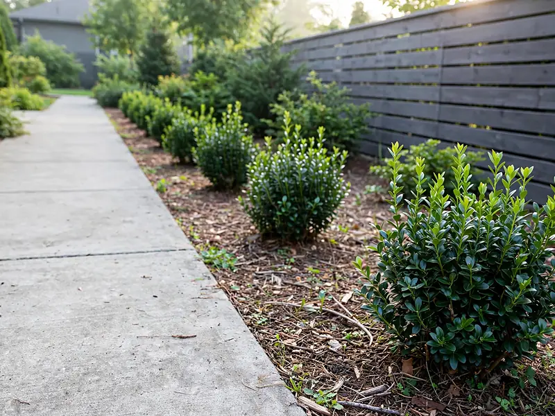 Repeated rounded evergreen shrubs lining a straight garden pathway.