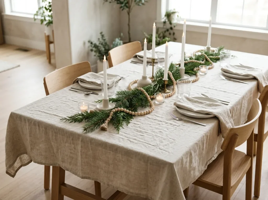 Dining table with a short-sprig evergreen runner, wood bead strands, tea lights, and white tapers on unbleached linen