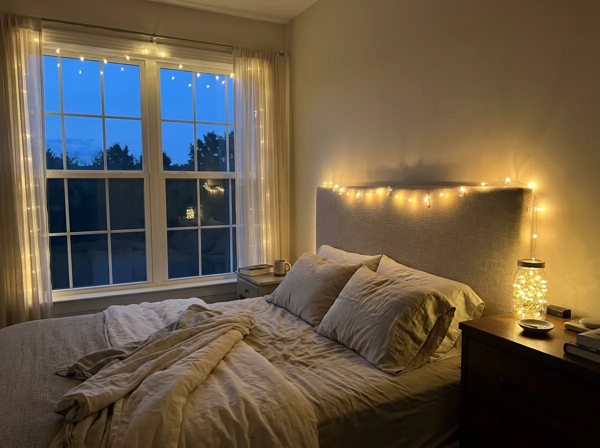 Warm white fairy lights draped along a headboard and around a bedroom window with a glass jar of lights on the dresser