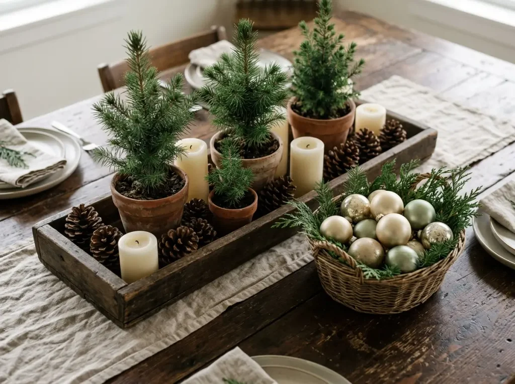 Wood tray with pinecones, mini evergreens, and plain candles bridging fall and holiday decor