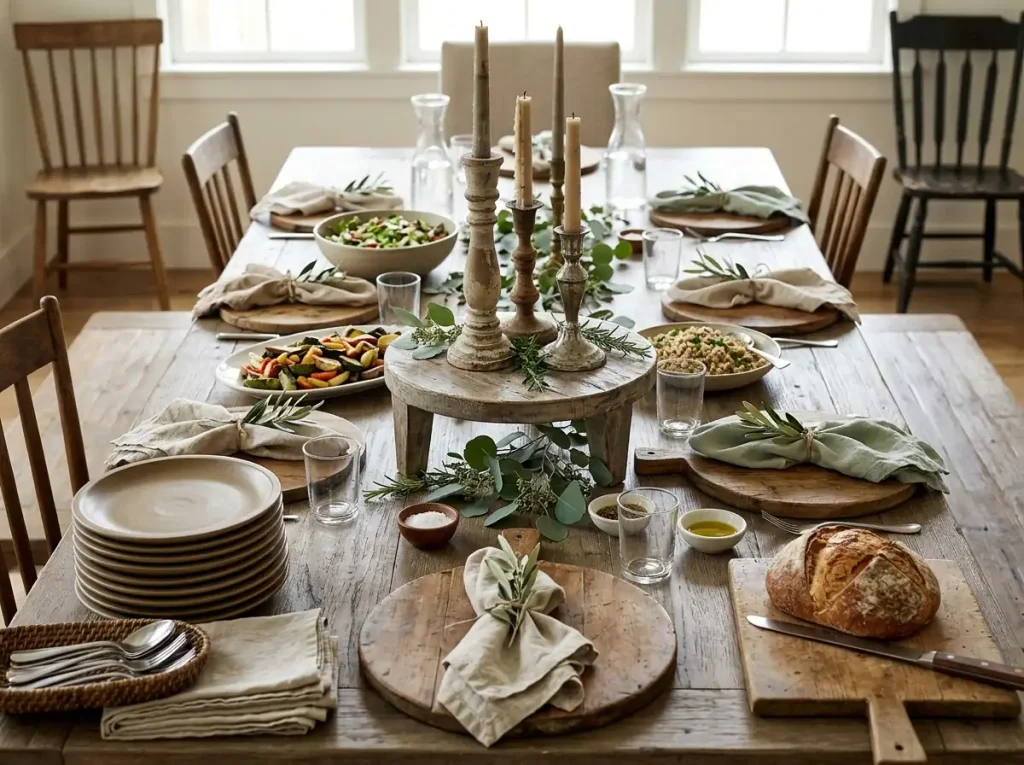 Family-style table with stacked plates, cutting-board chargers, and three weathered candlesticks on a wood stand