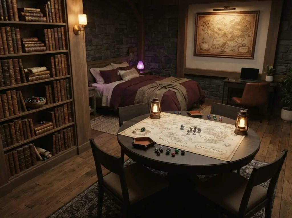 Fantasy tabletop RPG bedroom with a game table, map art and a shelf of dice and books
